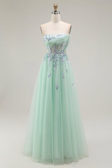 Robe de soirée longue corset transparente en tulle trapèze vert sans bretelles avec appliques